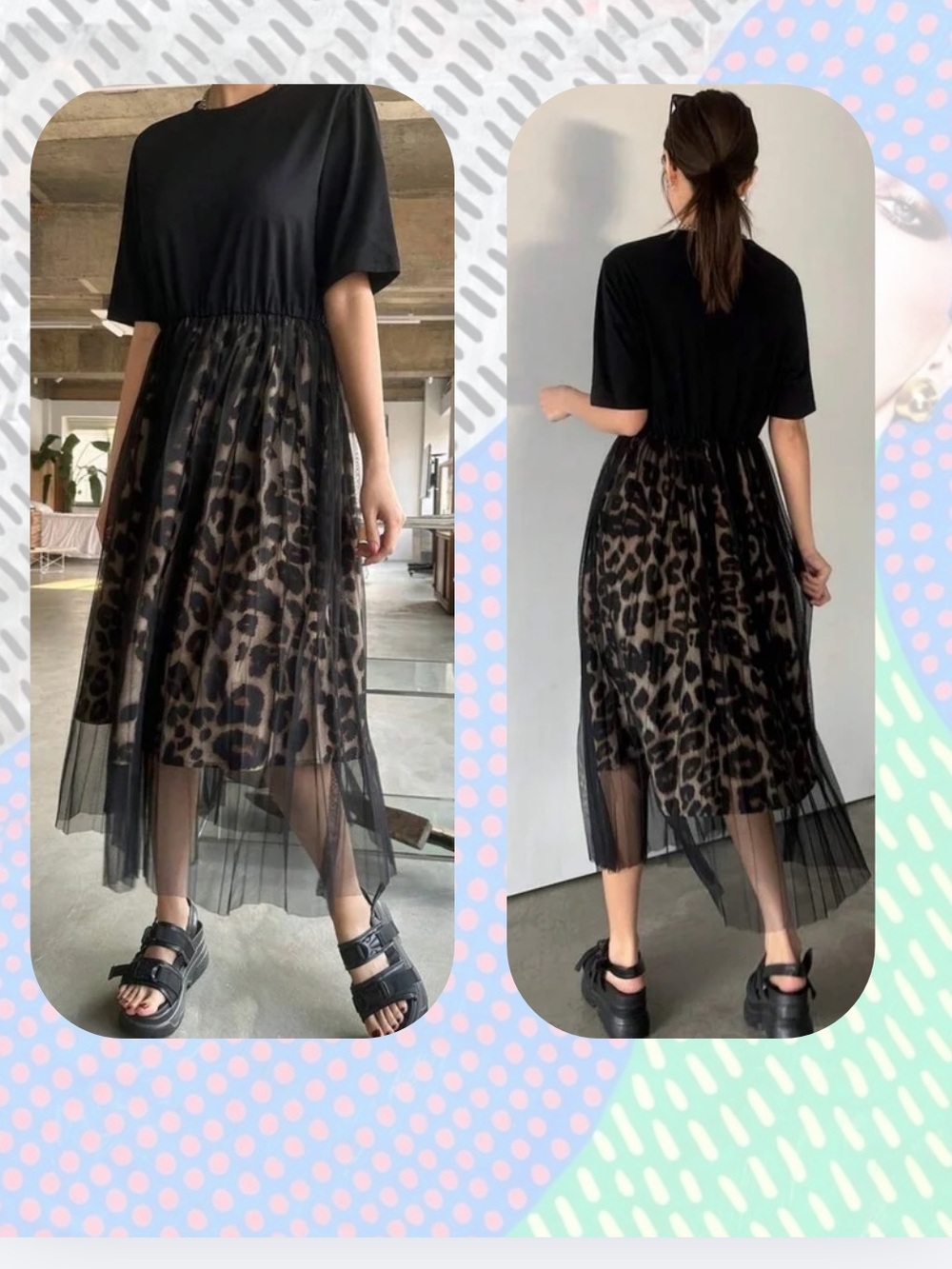 🎉DAZY Black Tulle Overlay Short Sleeve Leopard Print Midi Dress - Picture 6 of 16